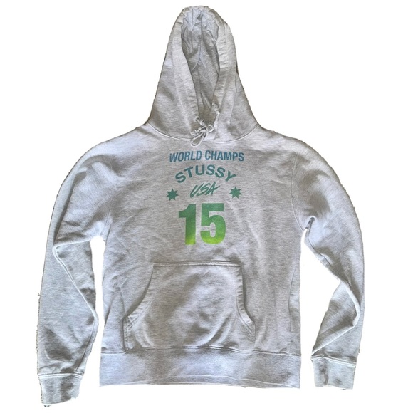 Vintage STUSSY Hoodie Women M / Men Small Grey World Champs USA 15 Rare Pullover - Picture 1 of 4